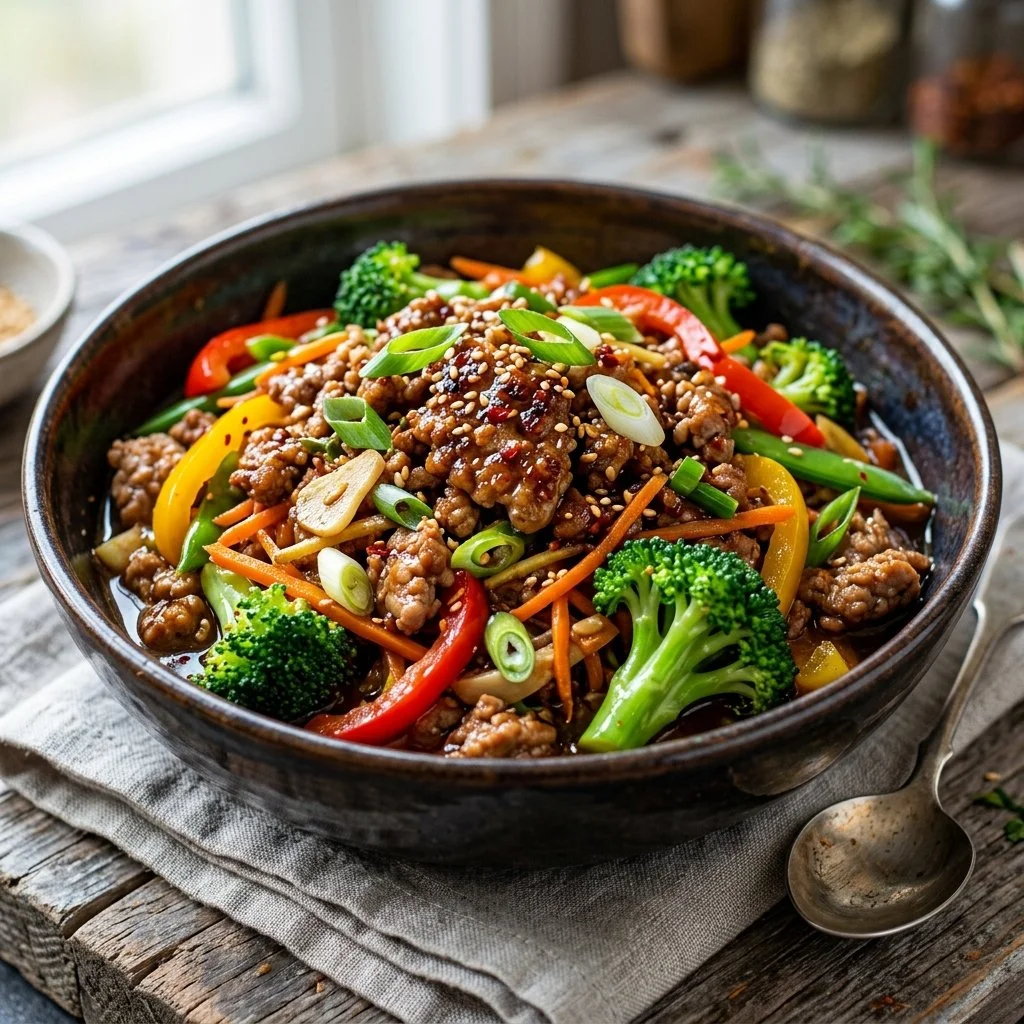 Delicious Ground Turkey Stir Fry with colorful vegetables
