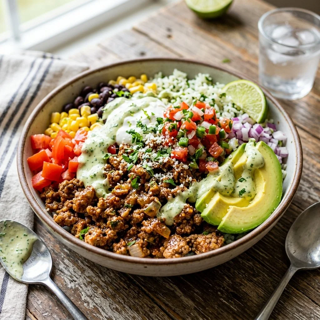Ground Turkey Taco Bowls with fresh vegetables and toppings