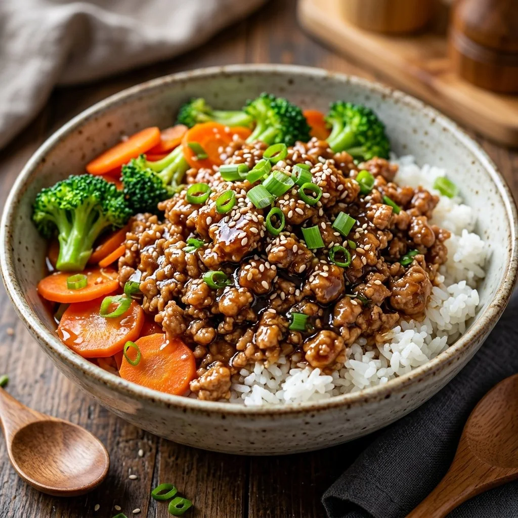 Delicious ground turkey teriyaki bowl with veggies and sauce served in a bowl.