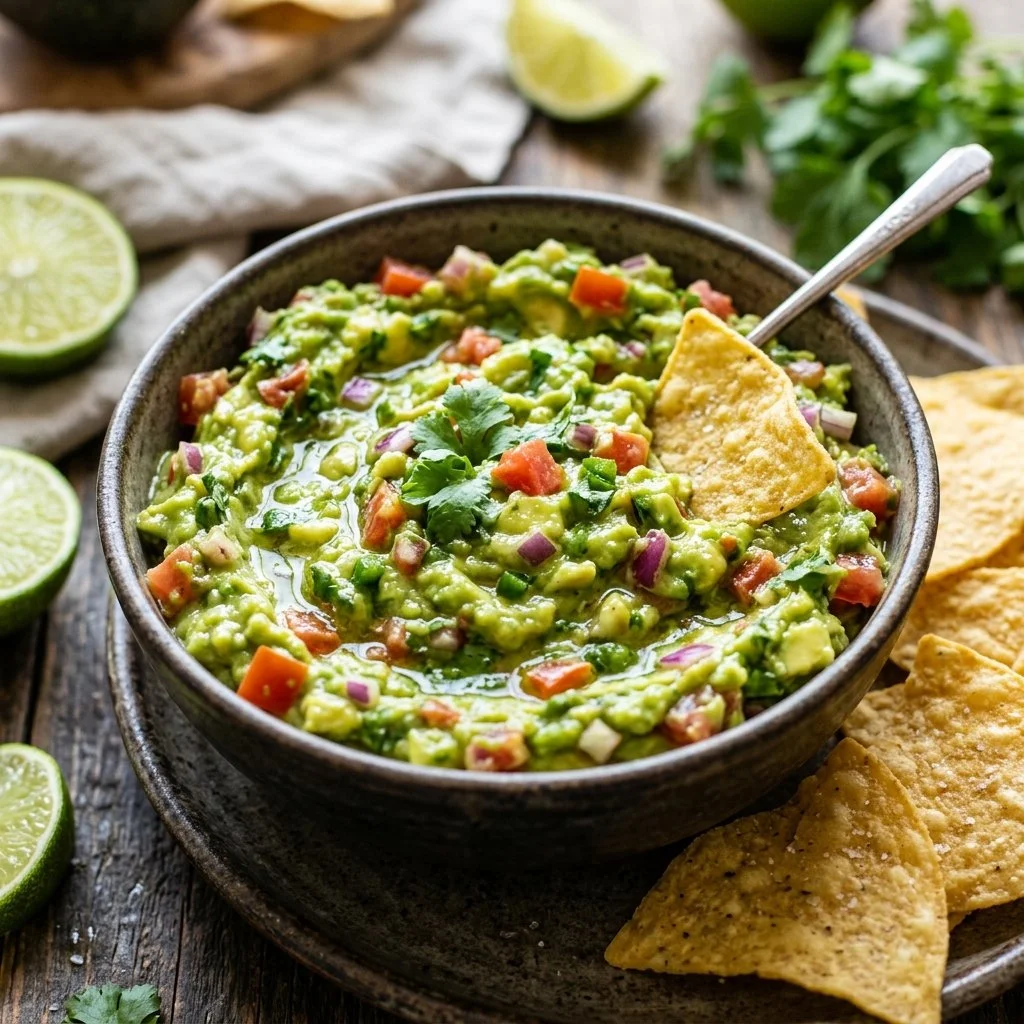Bowl of fresh guacamole with tortilla chips and a lime wedge