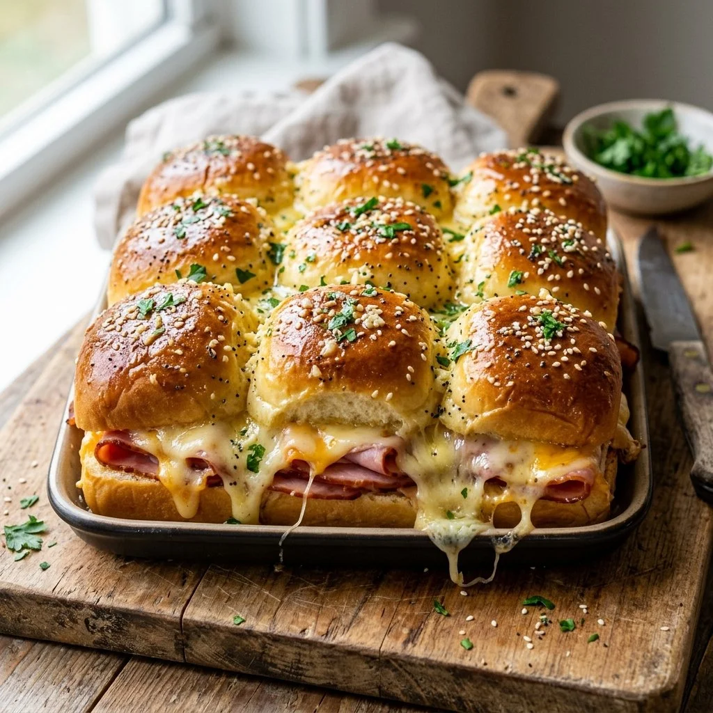 Ham and cheese breakfast sliders served on a plate, garnished with herbs.