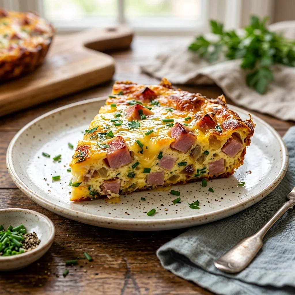 Ham and cheese frittata served on a plate with herbs garnish