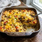 Delicious hashbrown breakfast casserole served in a baking dish