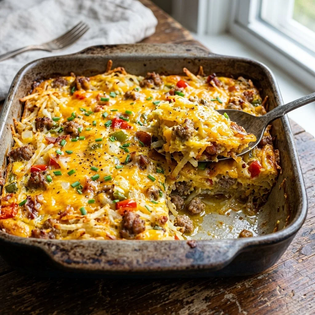 Delicious hashbrown breakfast casserole served in a baking dish