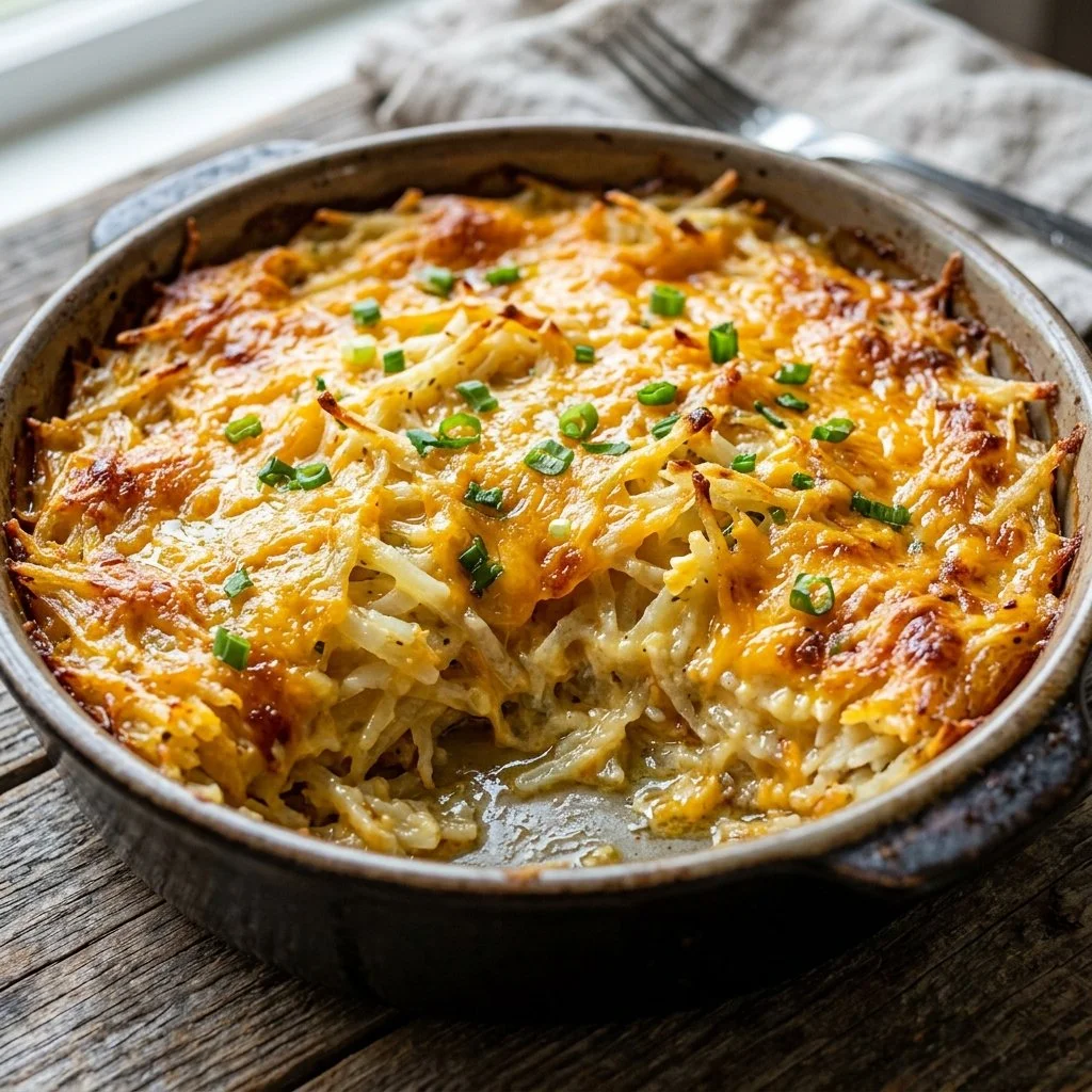 Delicious Hashbrown Casserole baked and ready to serve.
