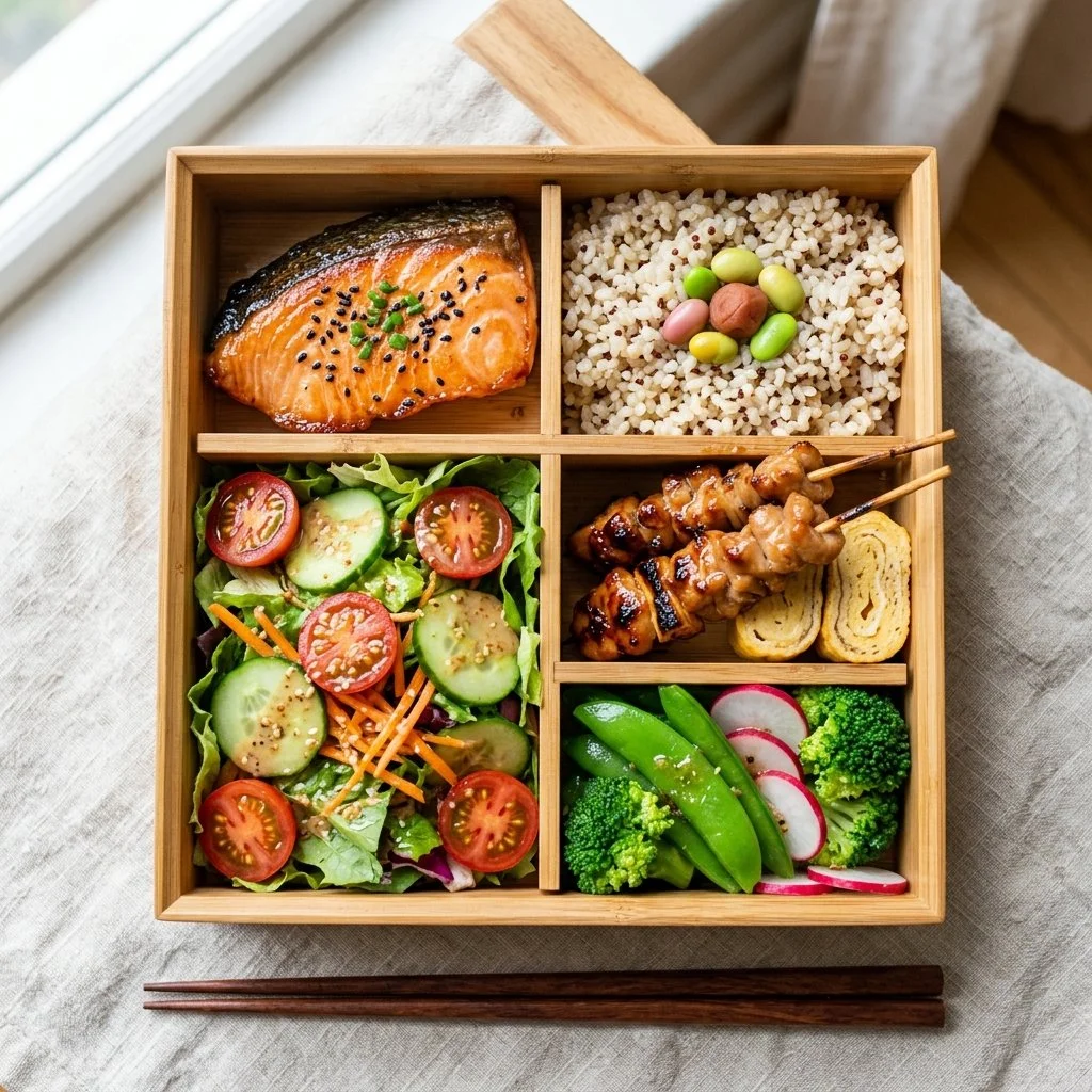 Colorful healthy bento boxes with fresh vegetables and protein options