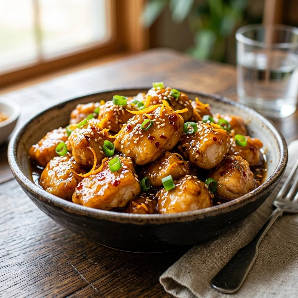Healthy orange chicken dish with vibrant colors and fresh ingredients