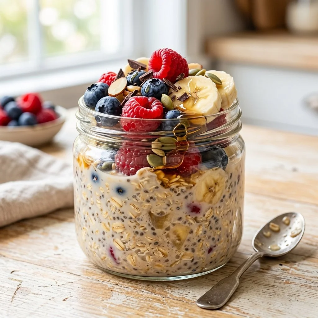 Bowl of healthy overnight oats topped with fruits and nuts for a nutritious breakfast.