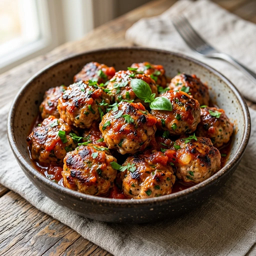 Healthy turkey meatballs cooked and served on a plate with fresh herbs