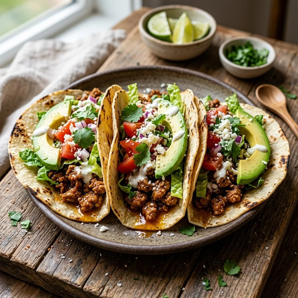 Healthy turkey tacos served with fresh toppings and vibrant colors on a plate