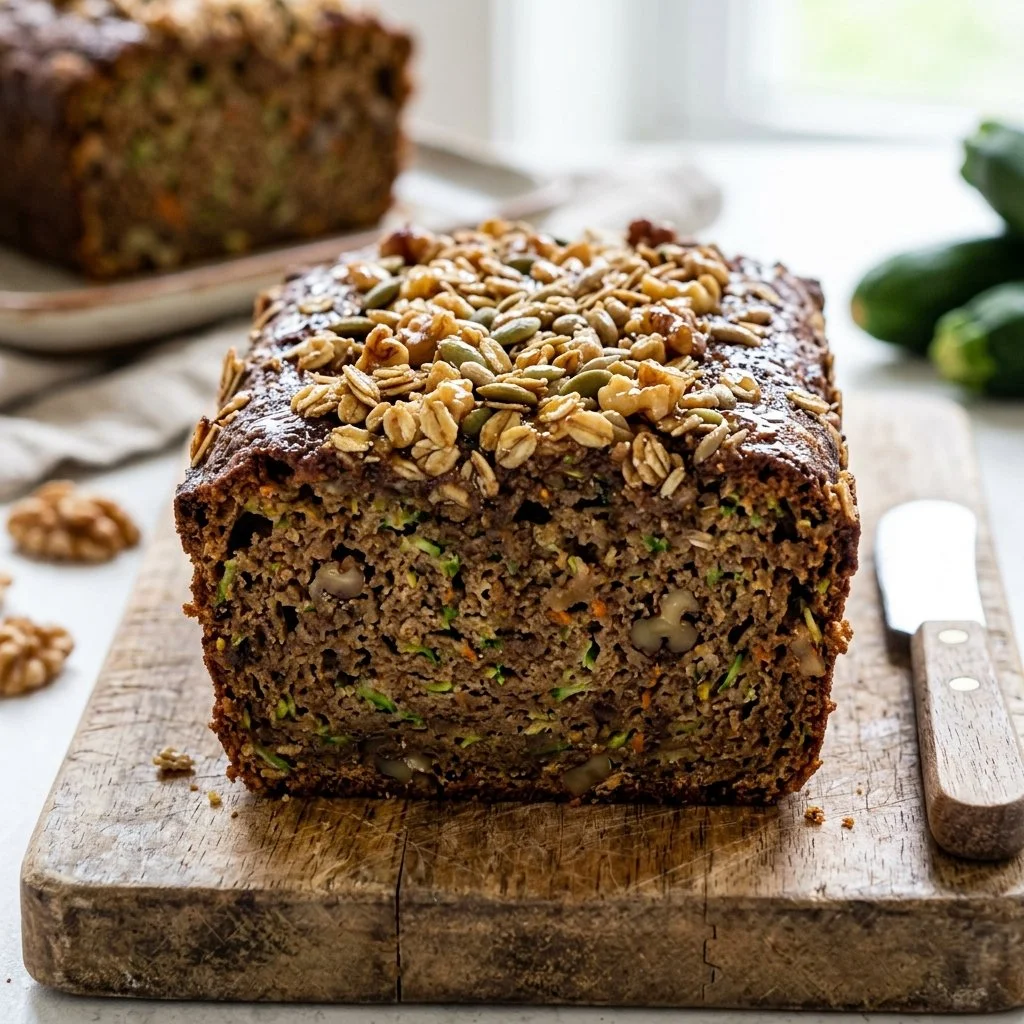 Freshly baked healthy zucchini bread with slices on a wooden board