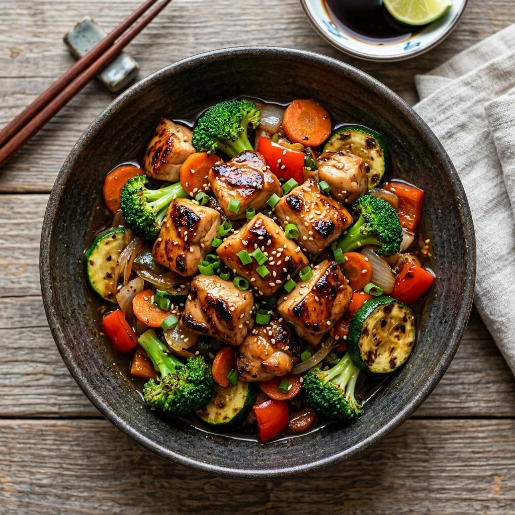 Plate of flavorful Hibachi Chicken grilled with vegetables and rice