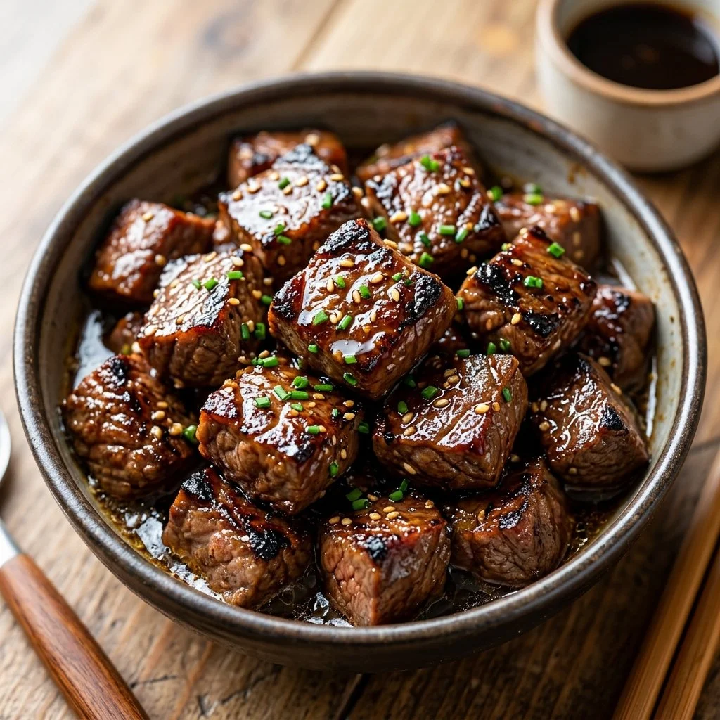 Hibachi Steak Bites served on a plate with dipping sauce and vegetables