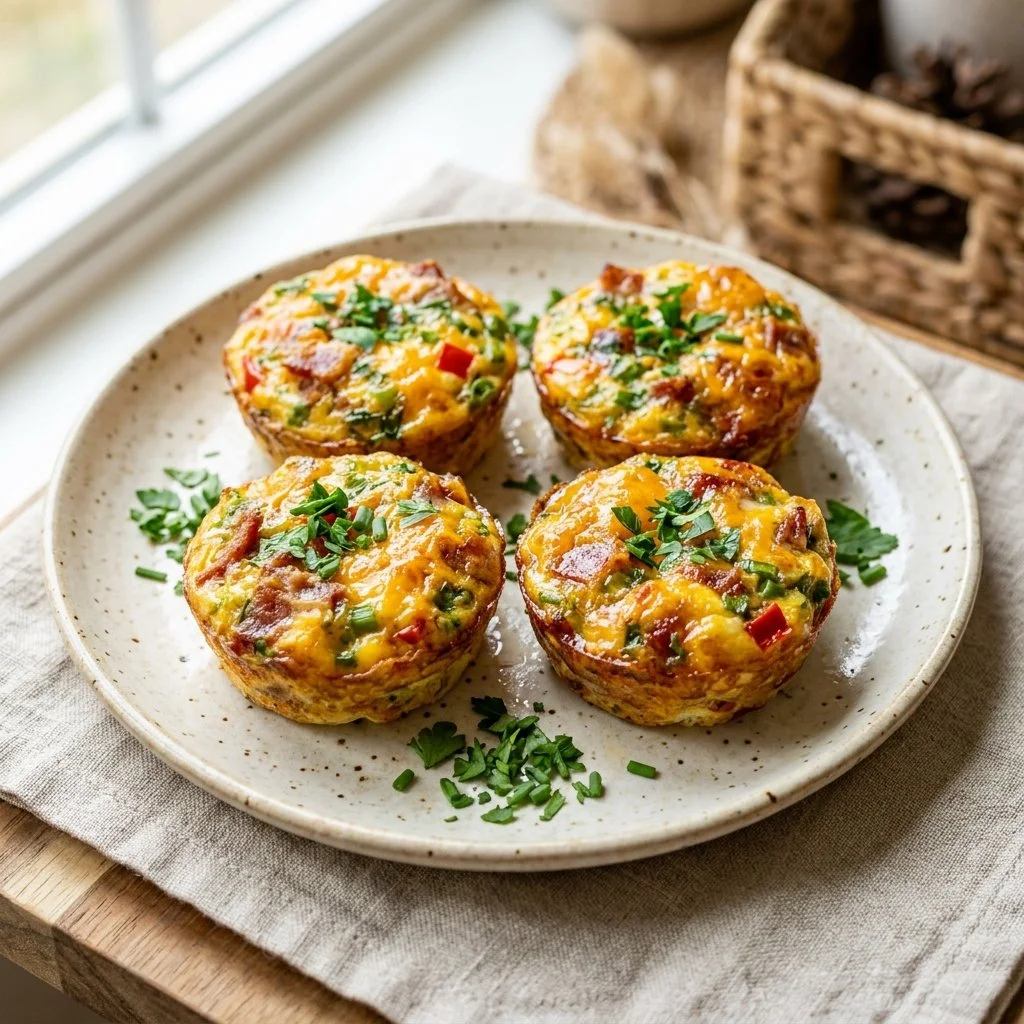 Delicious high protein egg bites served on a plate with fresh herbs