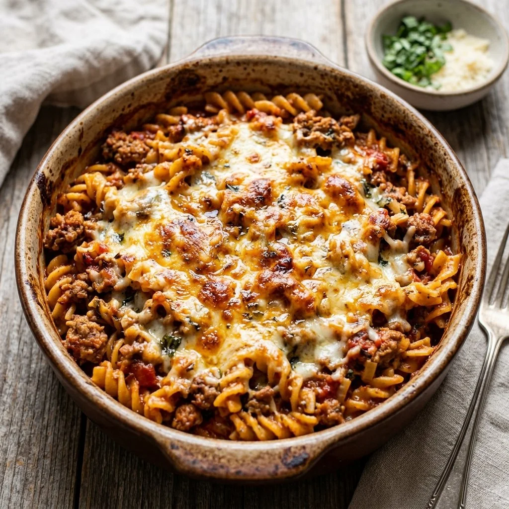 High protein pasta bake topped with cheese and fresh herbs in a baking dish