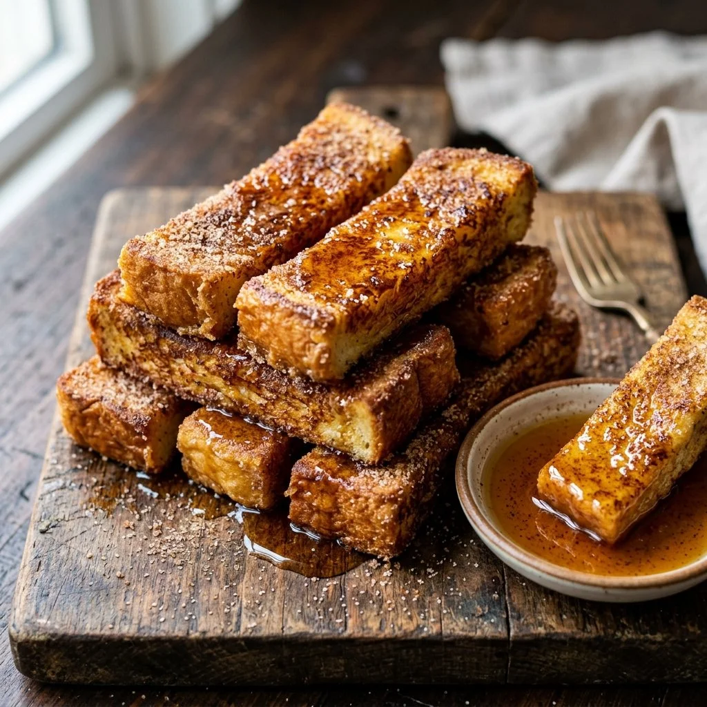 Plate of homemade French toast sticks served with syrup