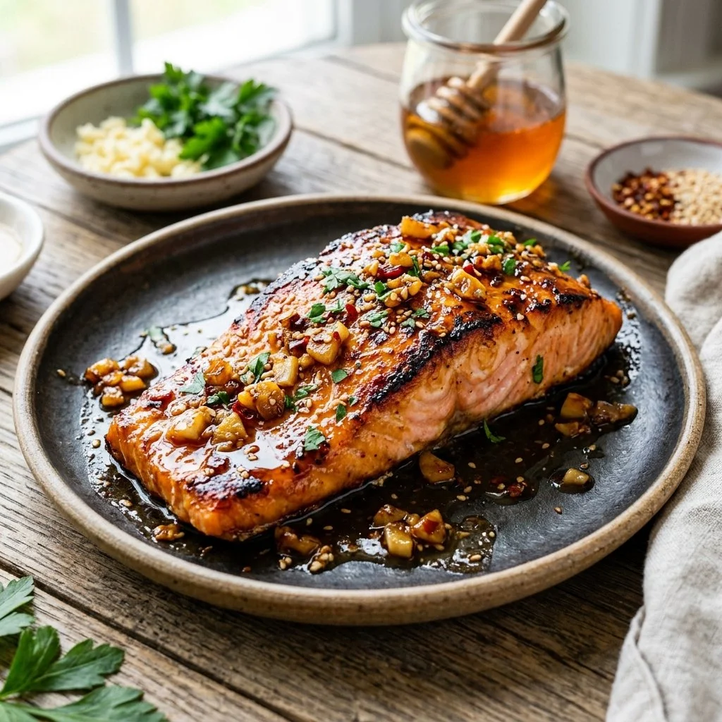 Succulent Honey Garlic Salmon served on a plate with herbs and lemon wedges.