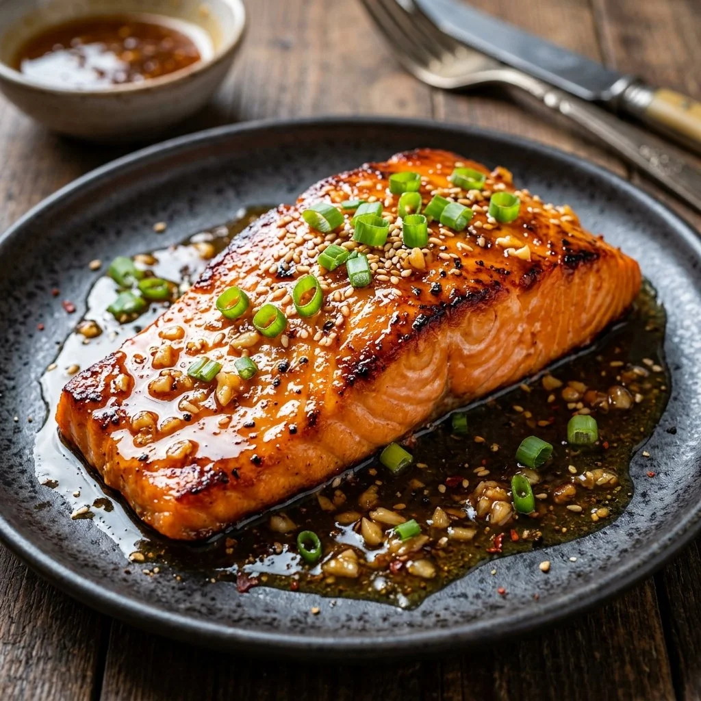 Honey garlic salmon fillet served with vegetables on a plate