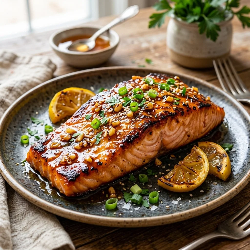 Grilled honey garlic salmon fillet with a drizzle of sauce on a plate