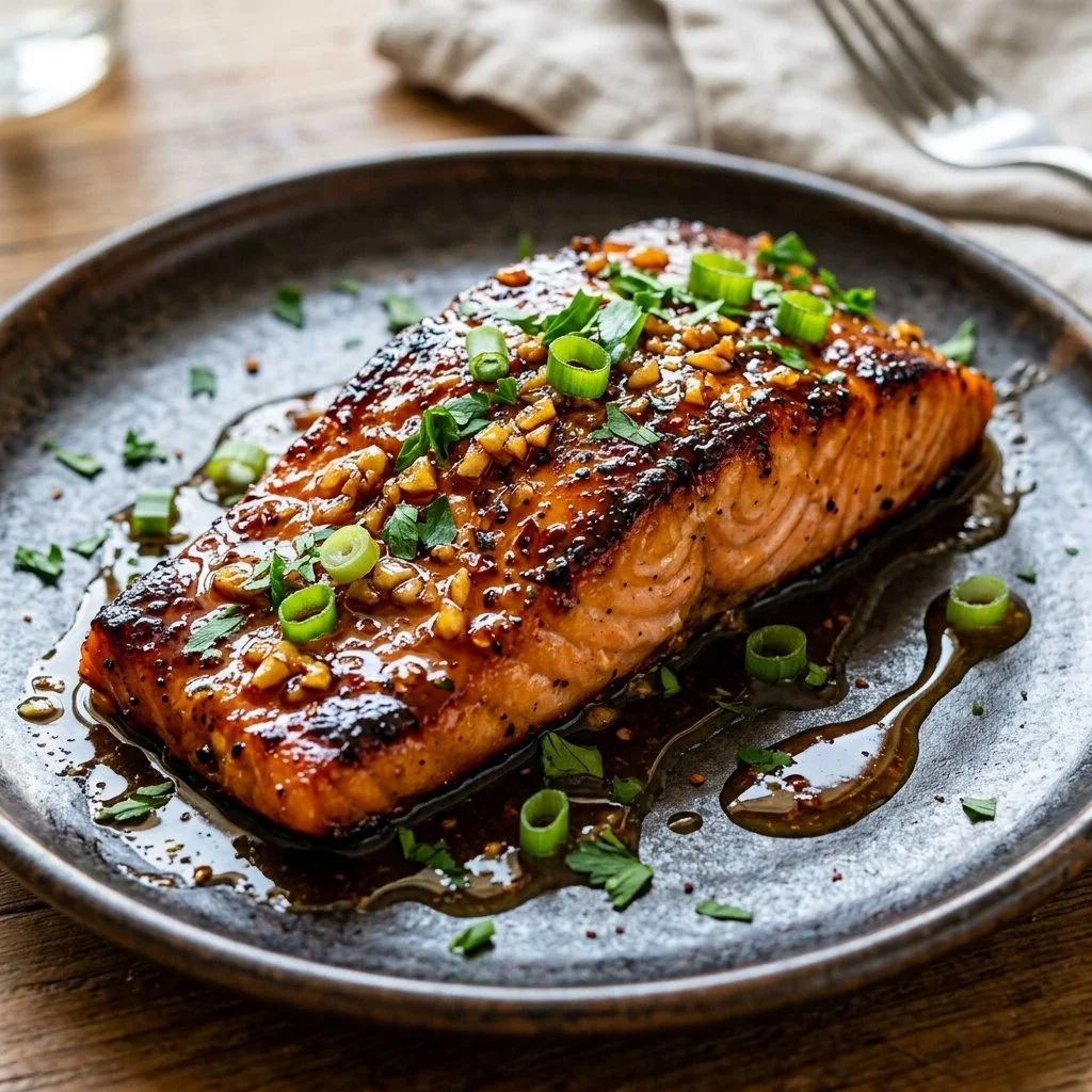Honey garlic salmon fillets glazed with savory sauce on a plate