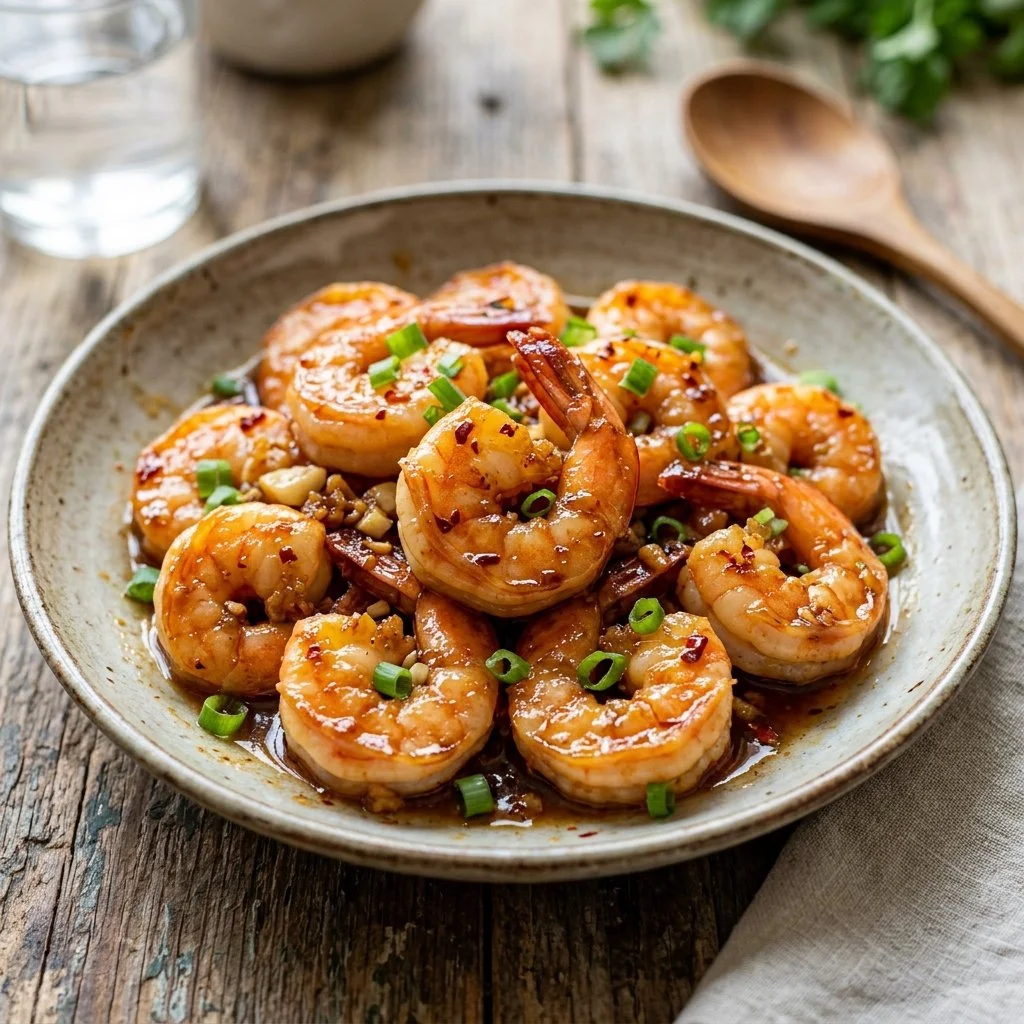 Delicious plate of honey garlic shrimp with vibrant vegetables