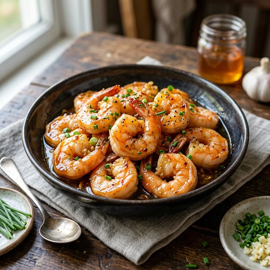 Delicious honey garlic shrimp served with vegetables on a plate