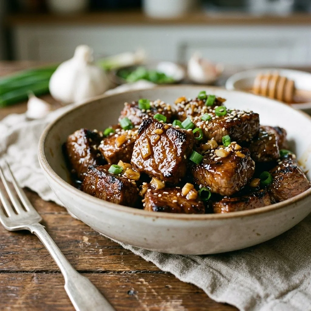 Delicious honey garlic steak bites served on a plate with garnish