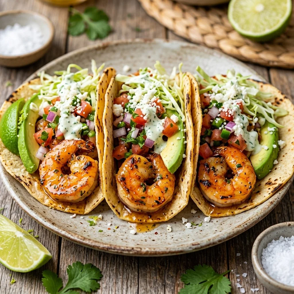 Delicious honey lime shrimp tacos topped with fresh ingredients
