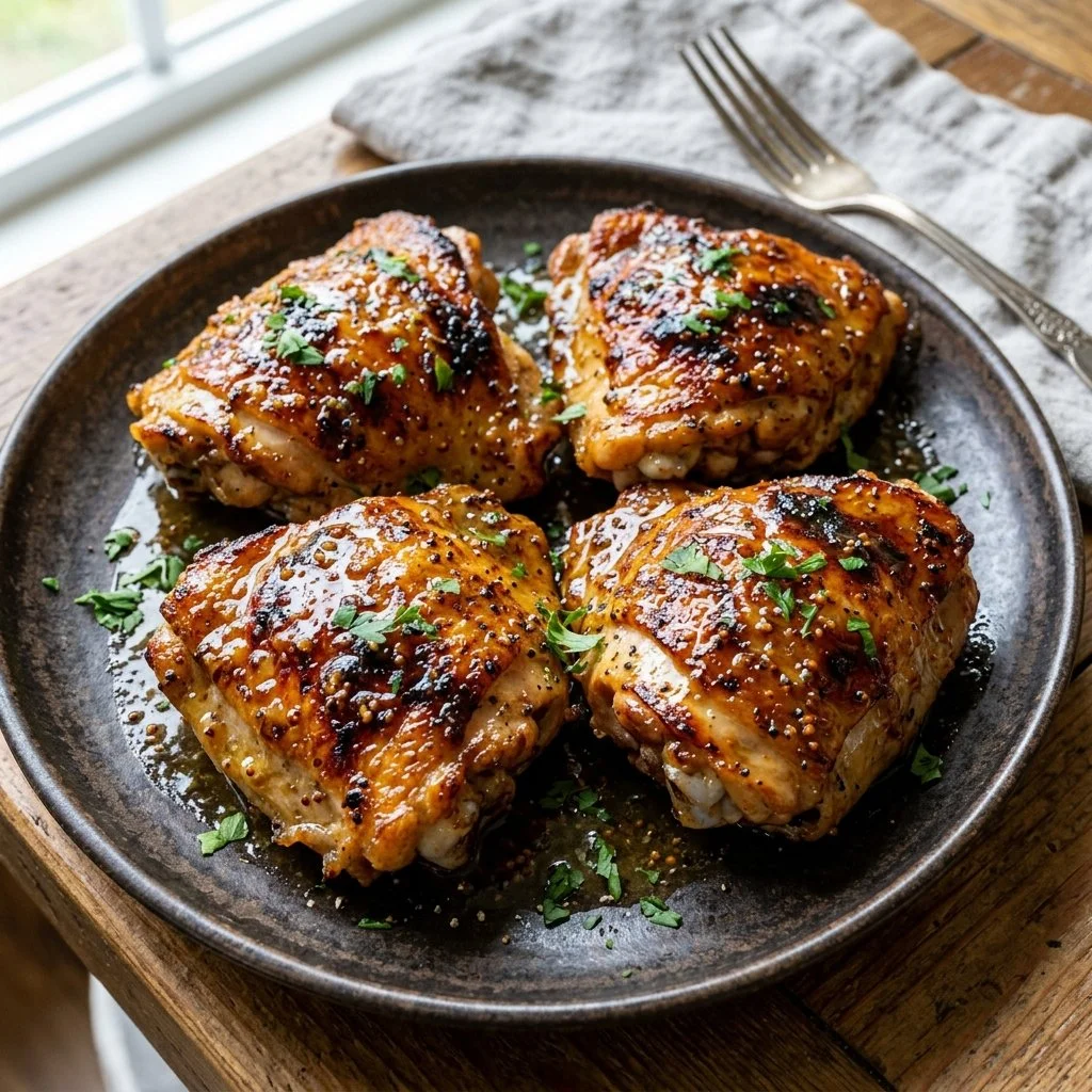 Delicious Honey Mustard Chicken Thighs served on a plate with fresh herbs.