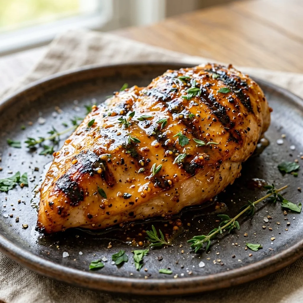 Delicious honey mustard grilled chicken garnished with fresh herbs