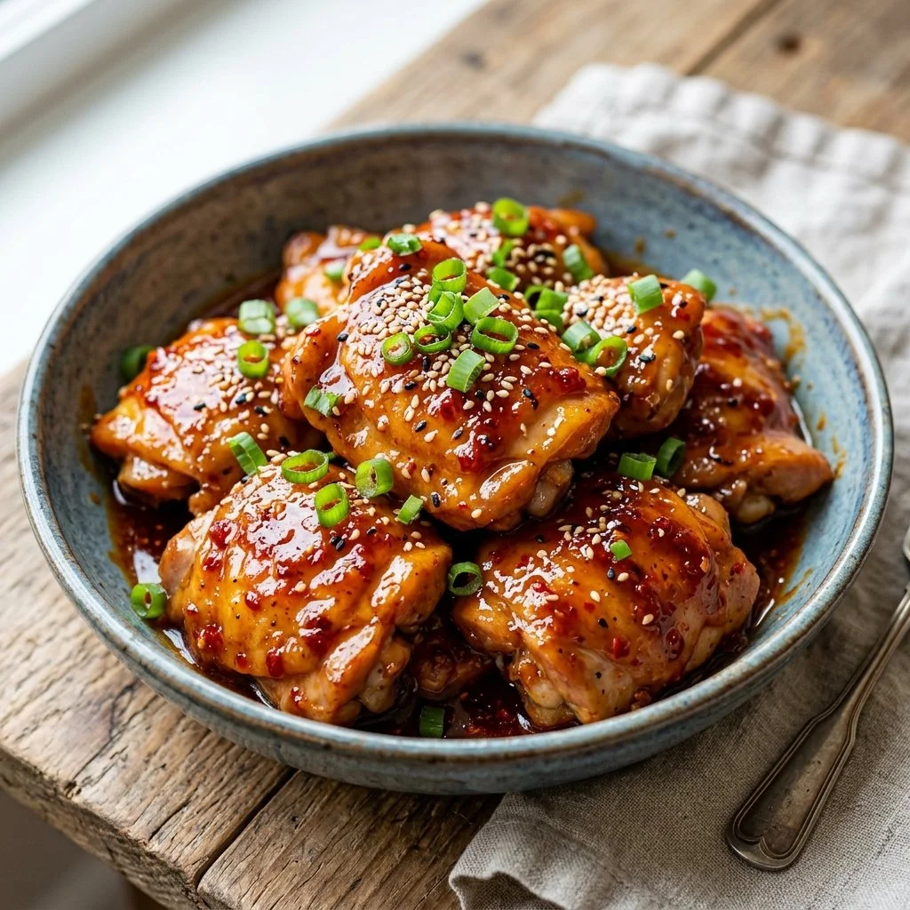 Delicious plate of Honey Sriracha Chicken garnished with green onions