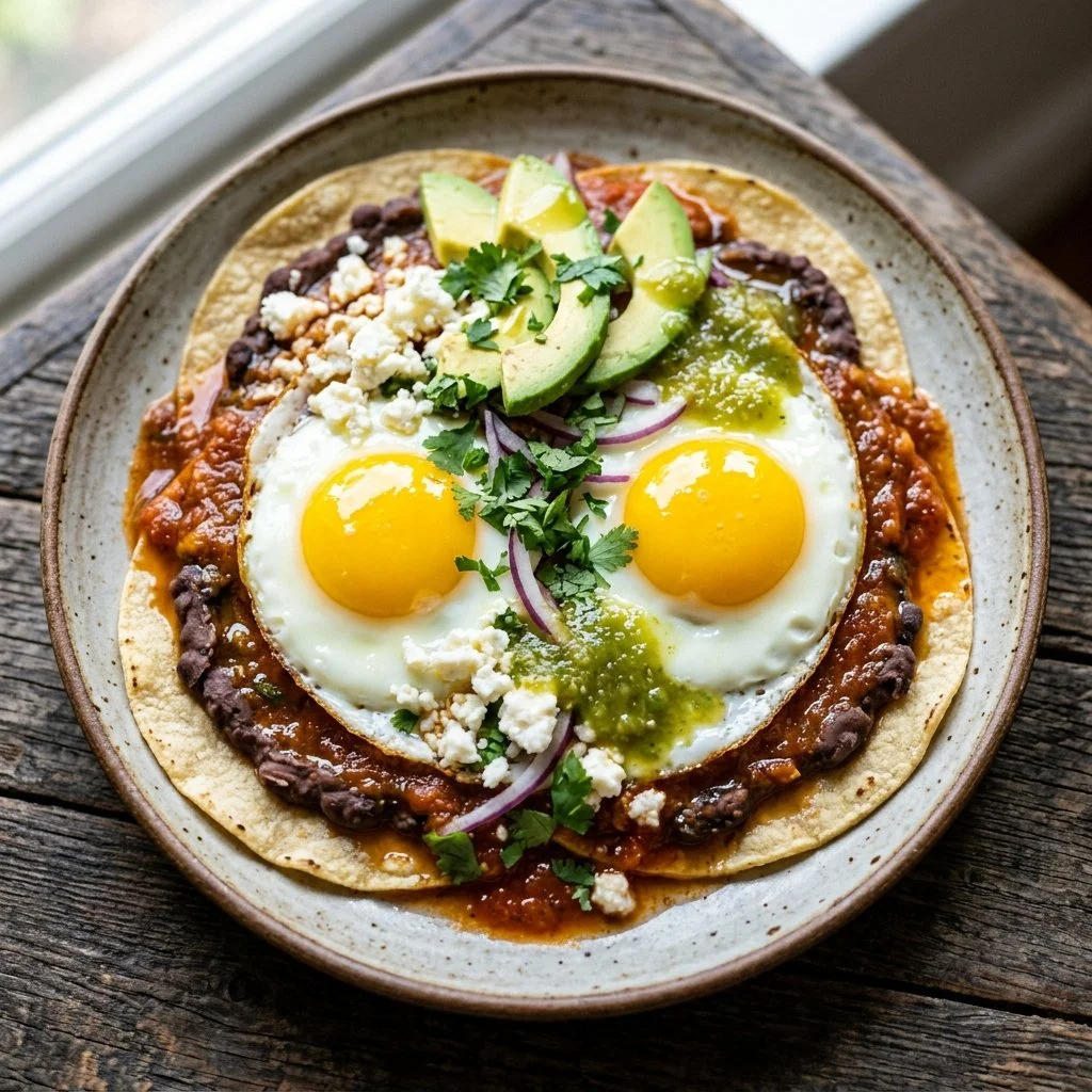 Plate of Huevos Rancheros topped with salsa, avocado, and cilantro.