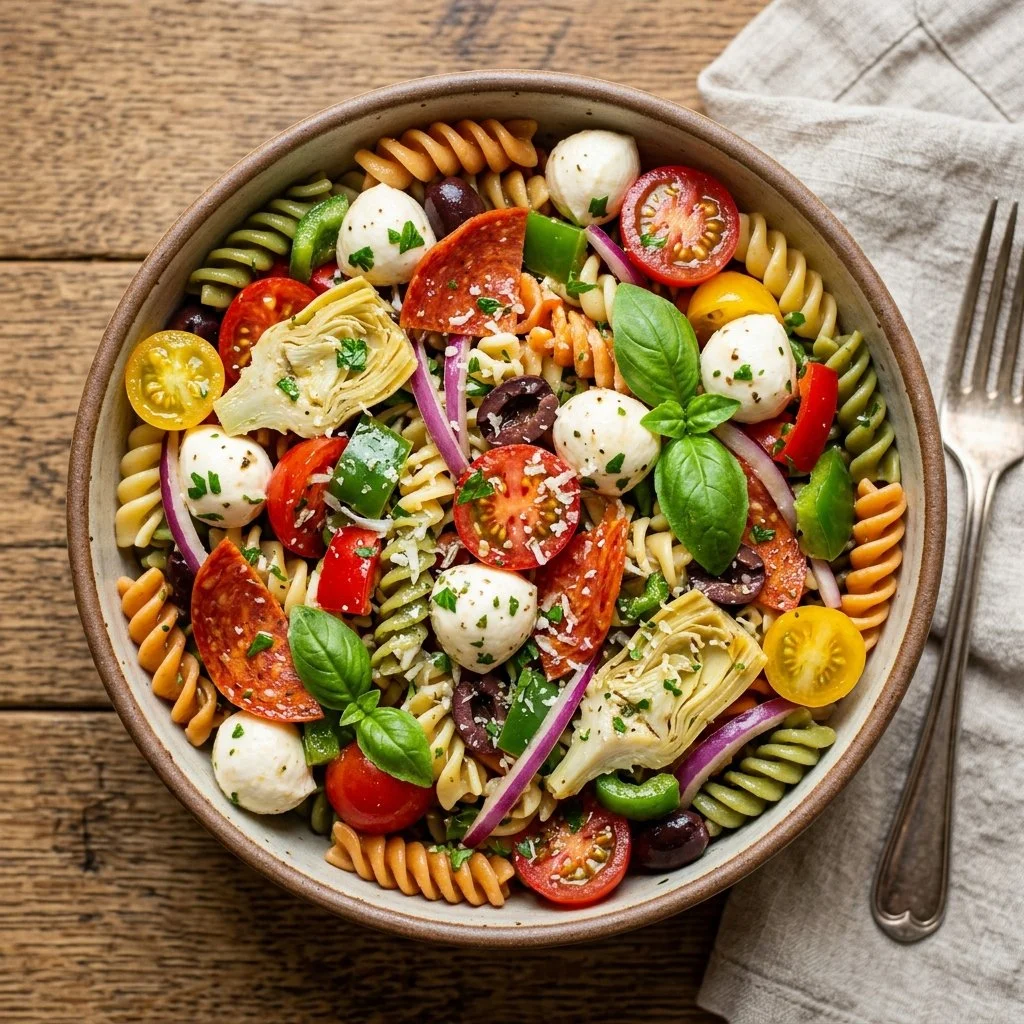 Colorful Italian pasta salad with fresh vegetables and herbs