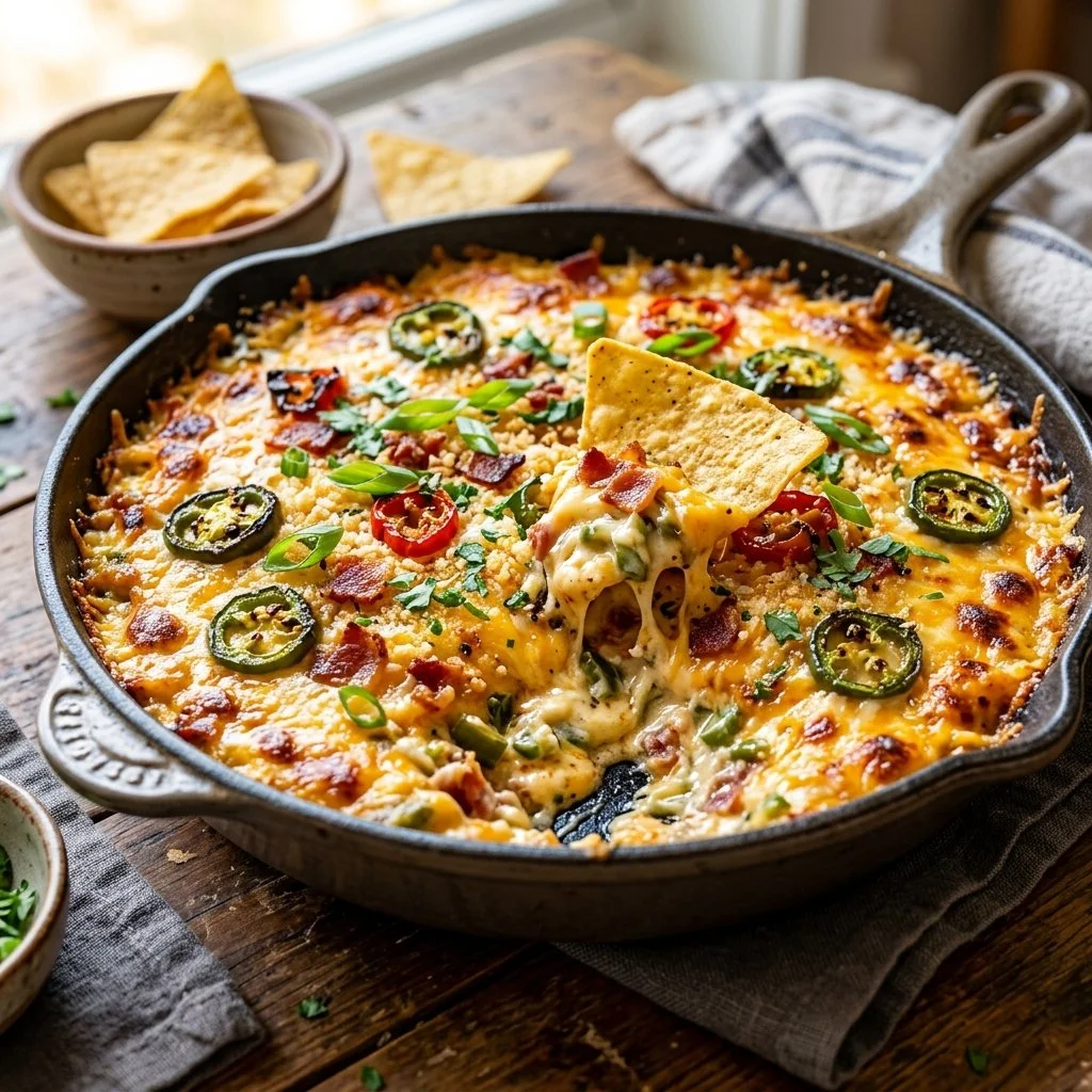 Delicious jalapeno popper dip in a bowl, garnished with fresh herbs.