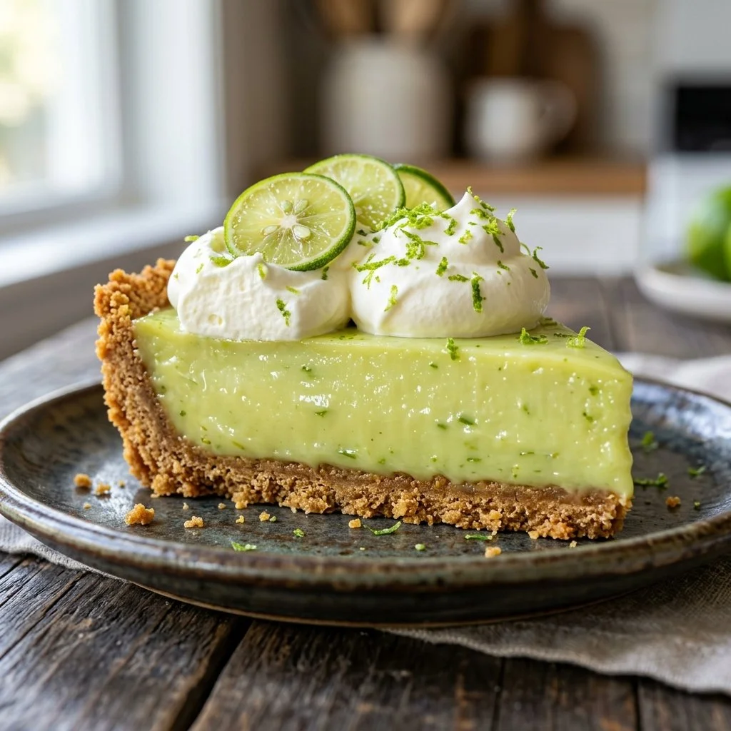 Delicious slice of homemade Key Lime Pie with a graham cracker crust.