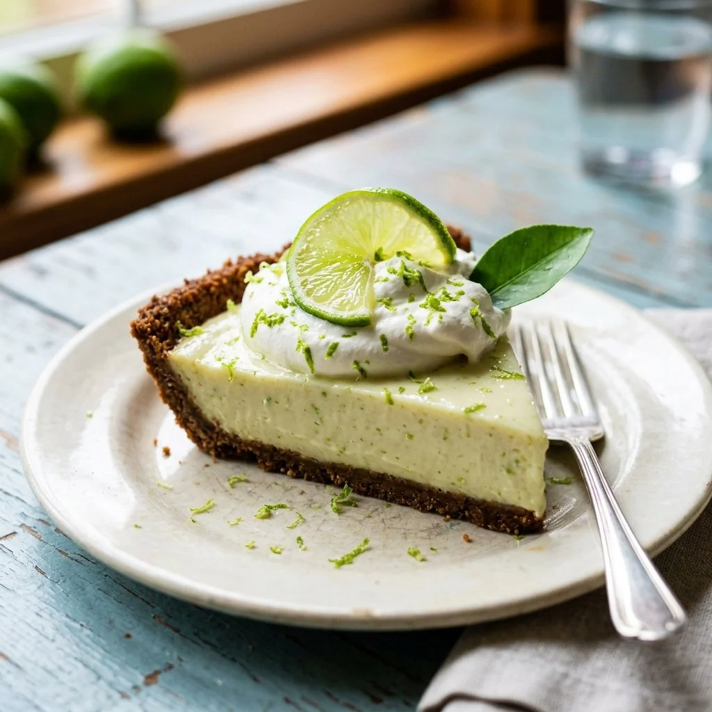 Delicious slice of homemade Key Lime Pie served with whipped cream