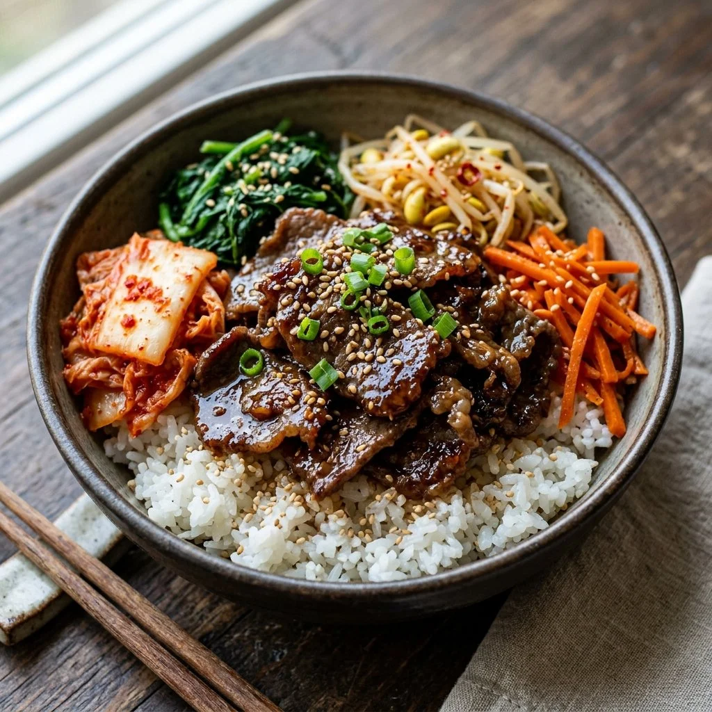 Delicious Korean beef bowls topped with vegetables and spicy sauce