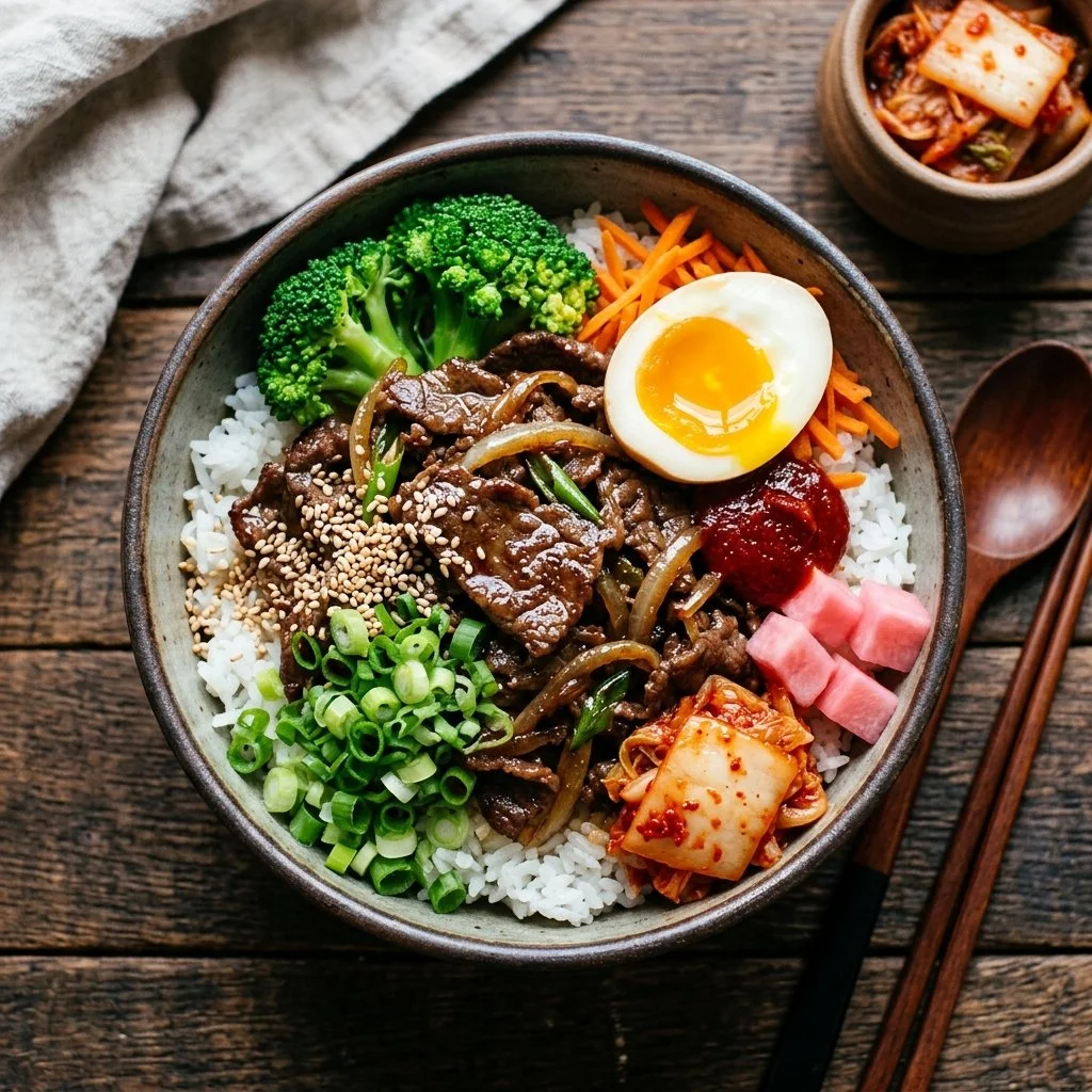 Delicious Korean beef bowls topped with fresh vegetables and sesame seeds
