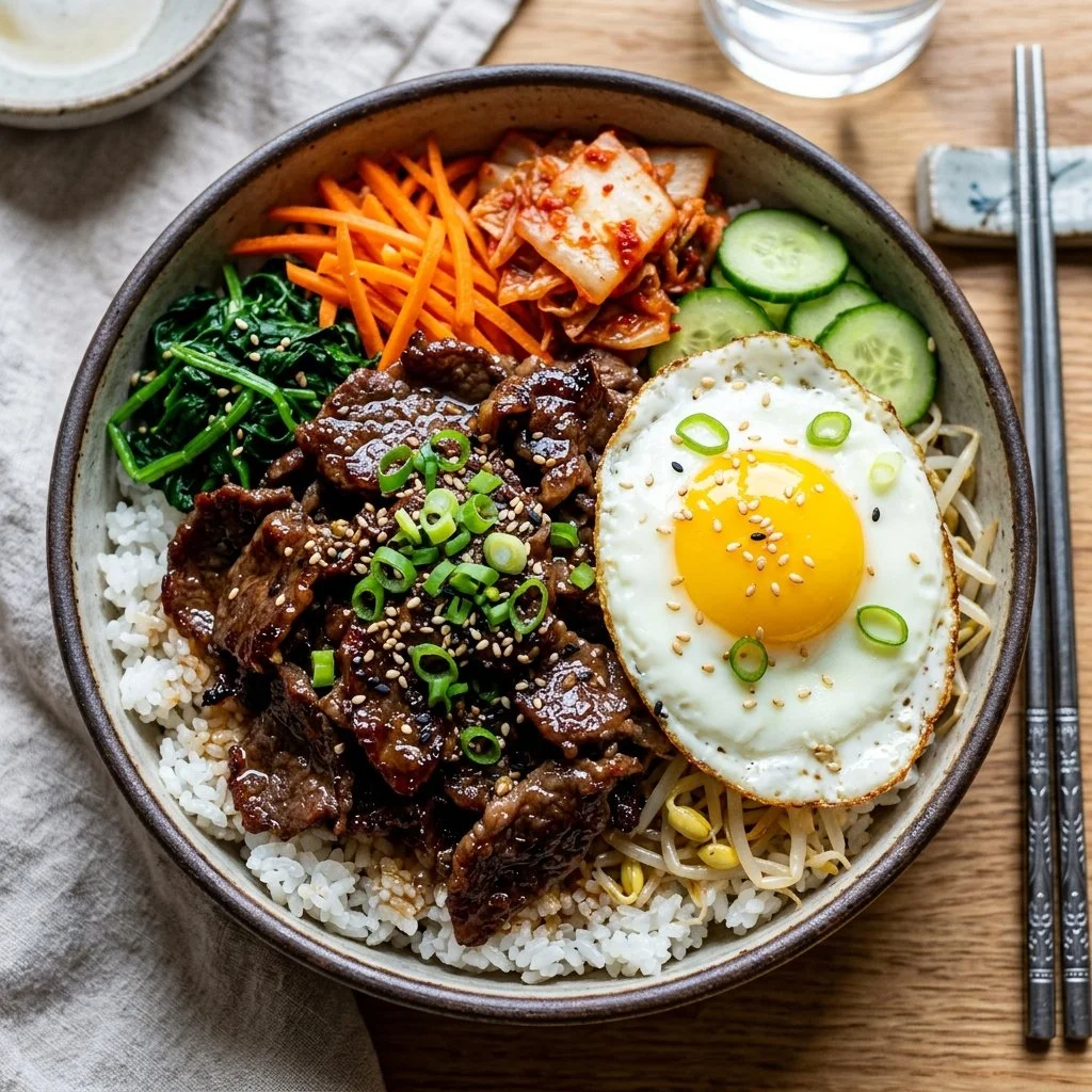 Korean Beef Bowl with tender beef, vegetables, and savory sauce