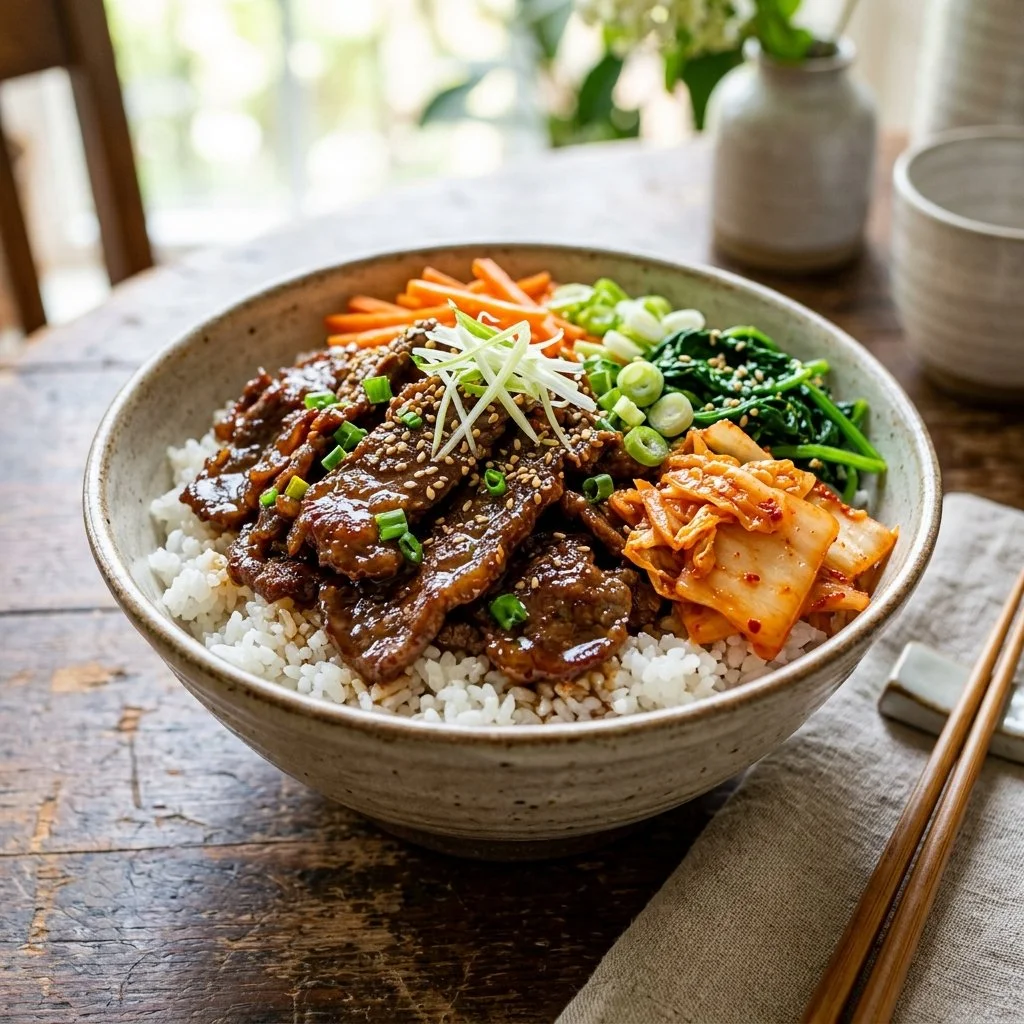 Korean beef bowls with marinated beef and vegetables served in a bowl