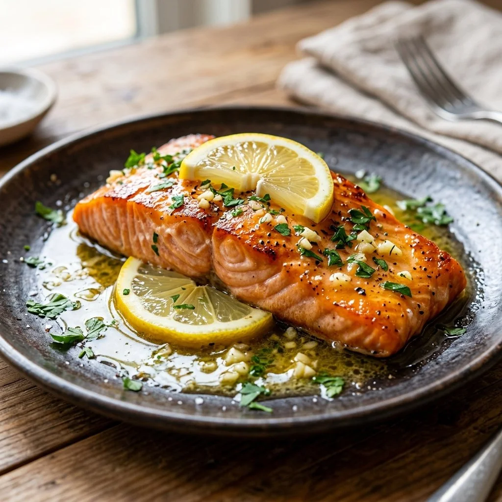 Plate of lemon garlic butter salmon garnished with herbs and lemon slices