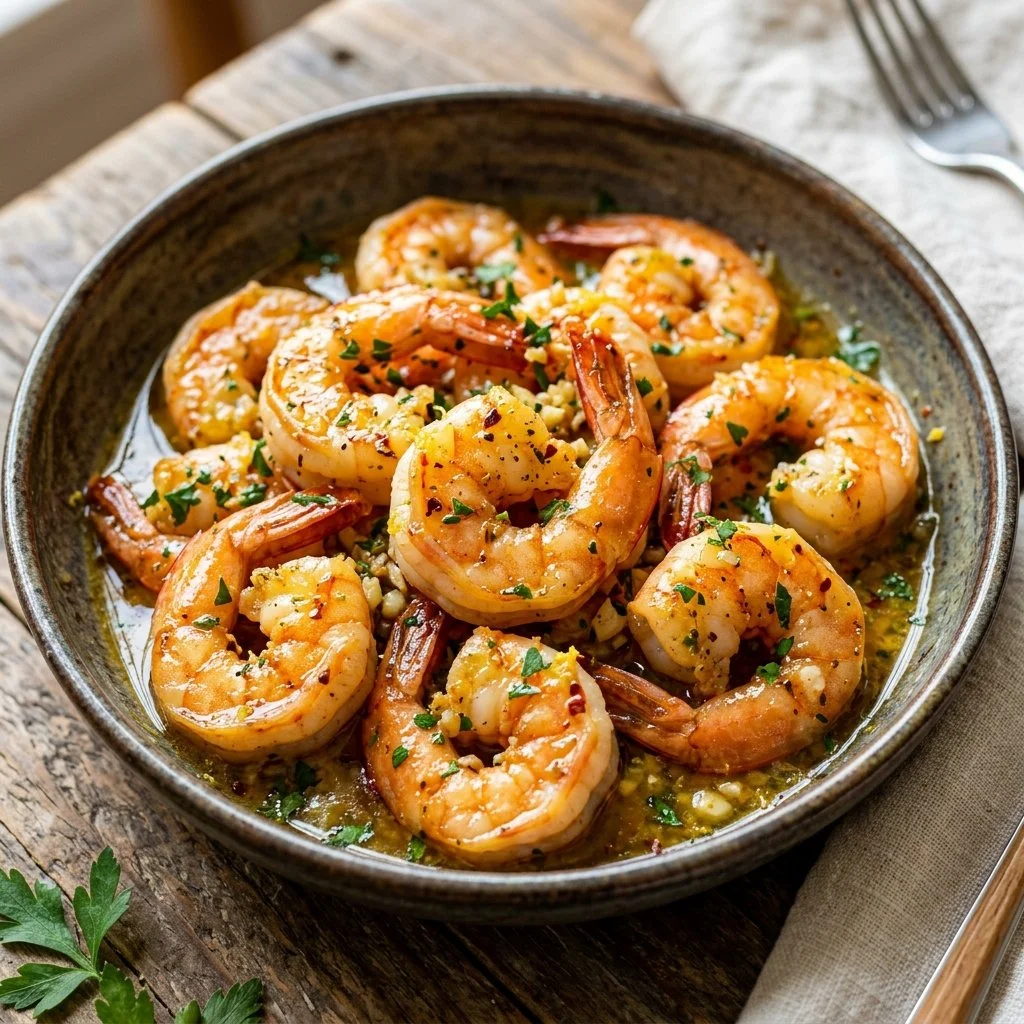 Lemon Garlic Butter Shrimp served on a plate, garnished with parsley.