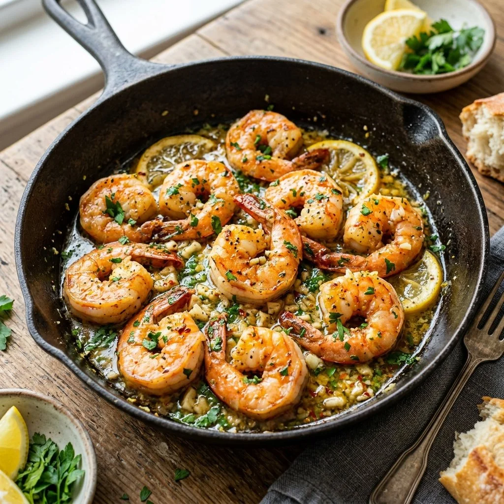Delicious Lemon Garlic Butter Shrimp garnished with herbs and served on a plate.