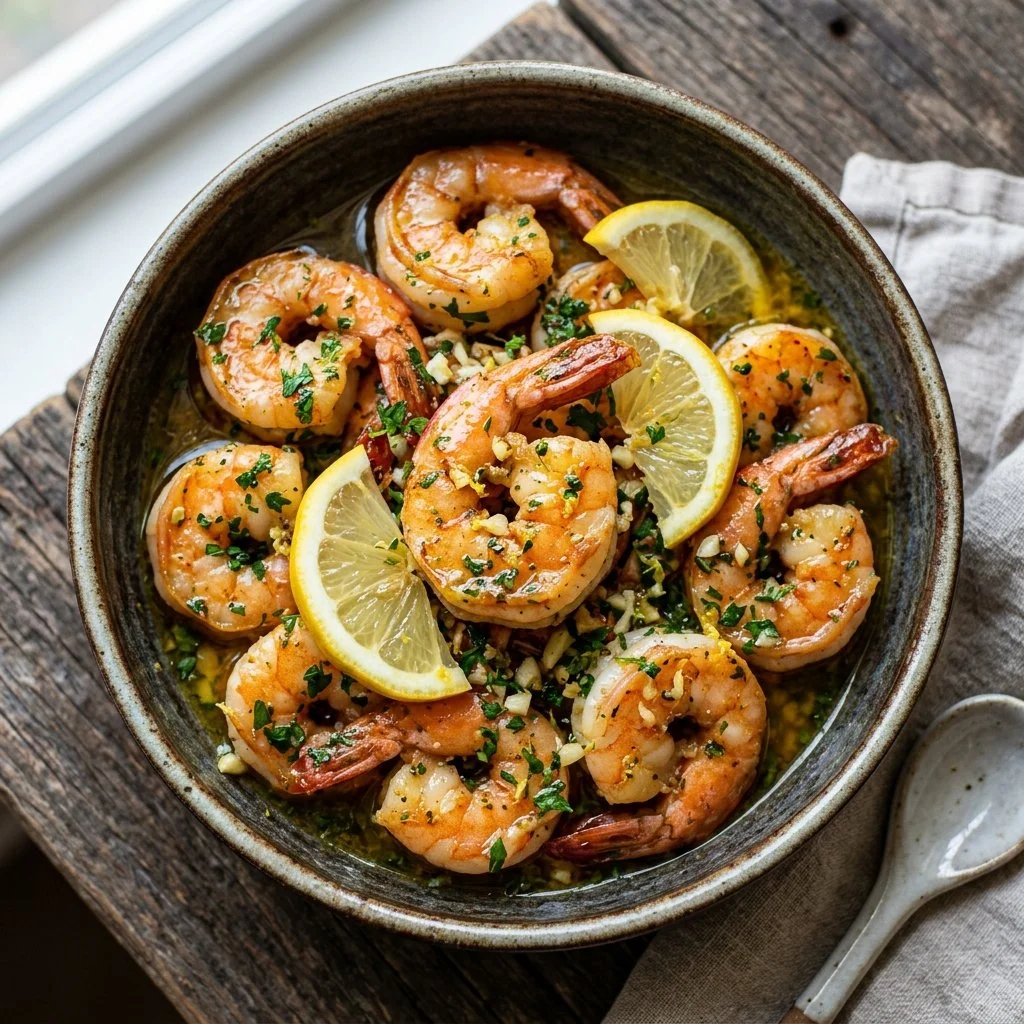 Lemon garlic shrimp served in a bowl with fresh herbs and a lemon wedge.
