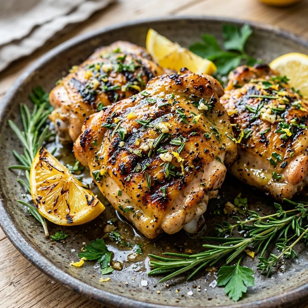 Lemon Herb Grilled Chicken garnished with fresh herbs and lemon slices