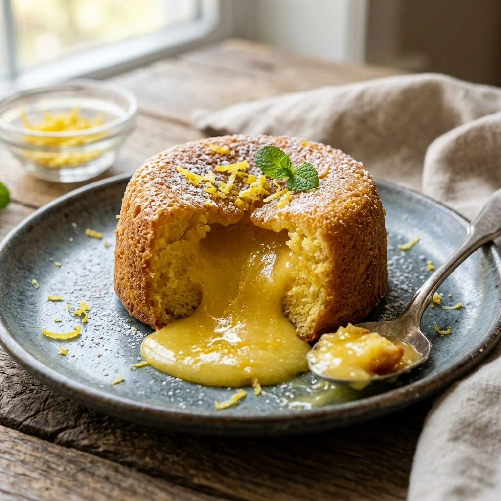 Delicious lemon lava cake with a gooey lemon center and a dusting of powdered sugar.