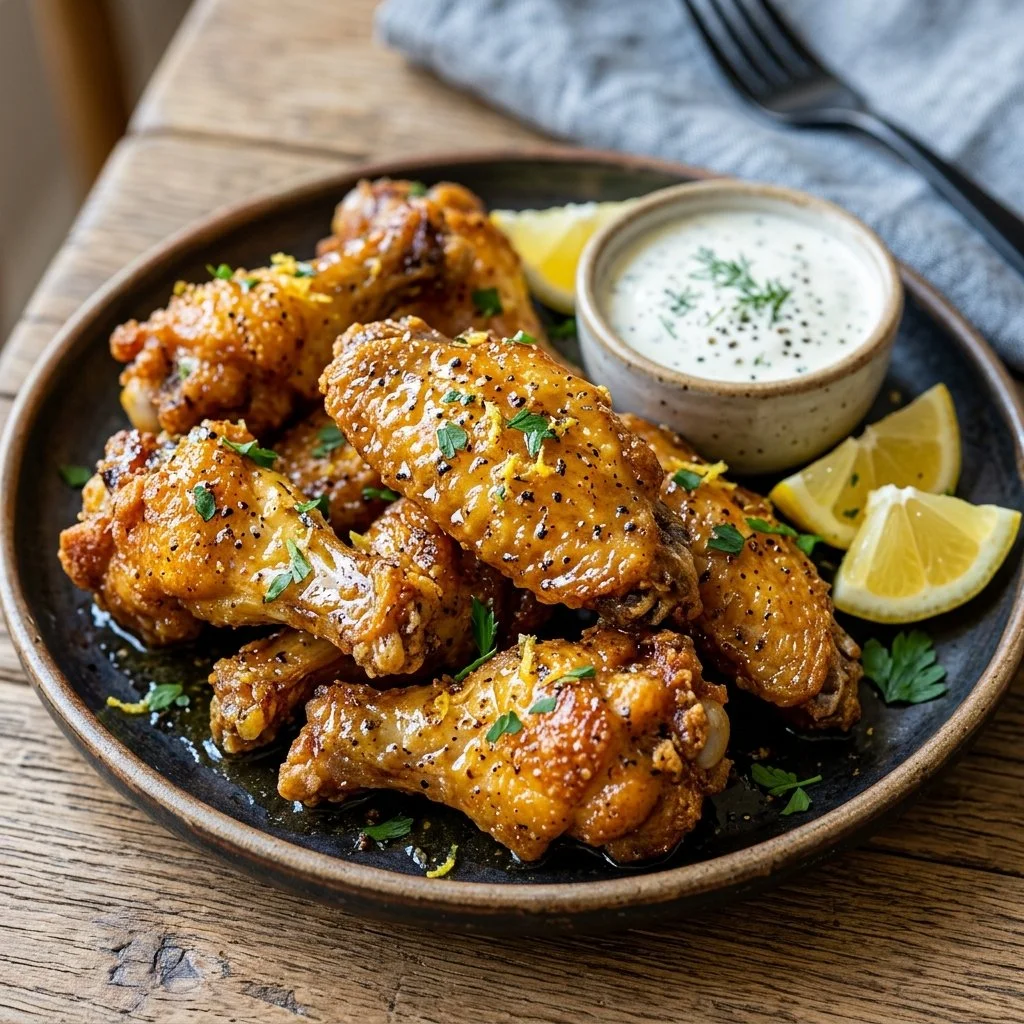 Crispy lemon pepper wings garnished with fresh herbs