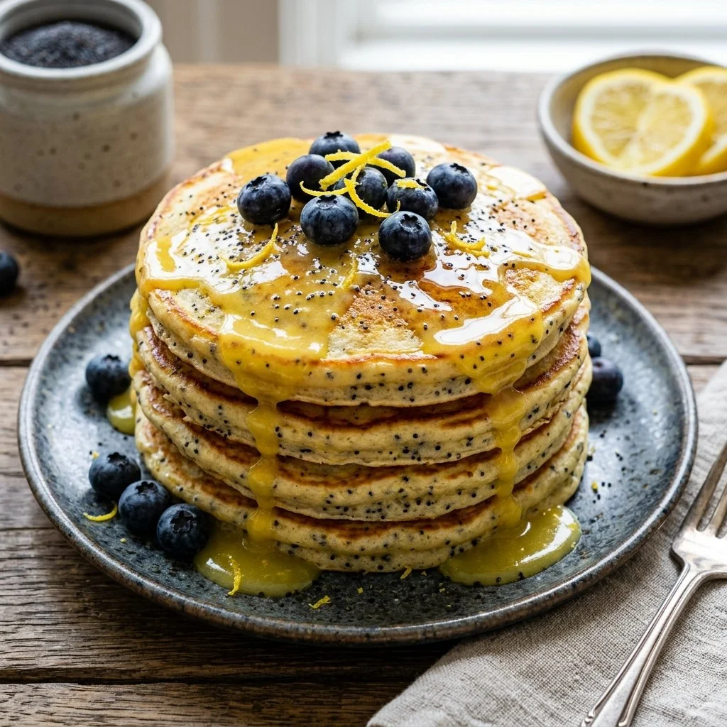 Fluffy lemon poppyseed pancakes stacked on a plate with lemon slices