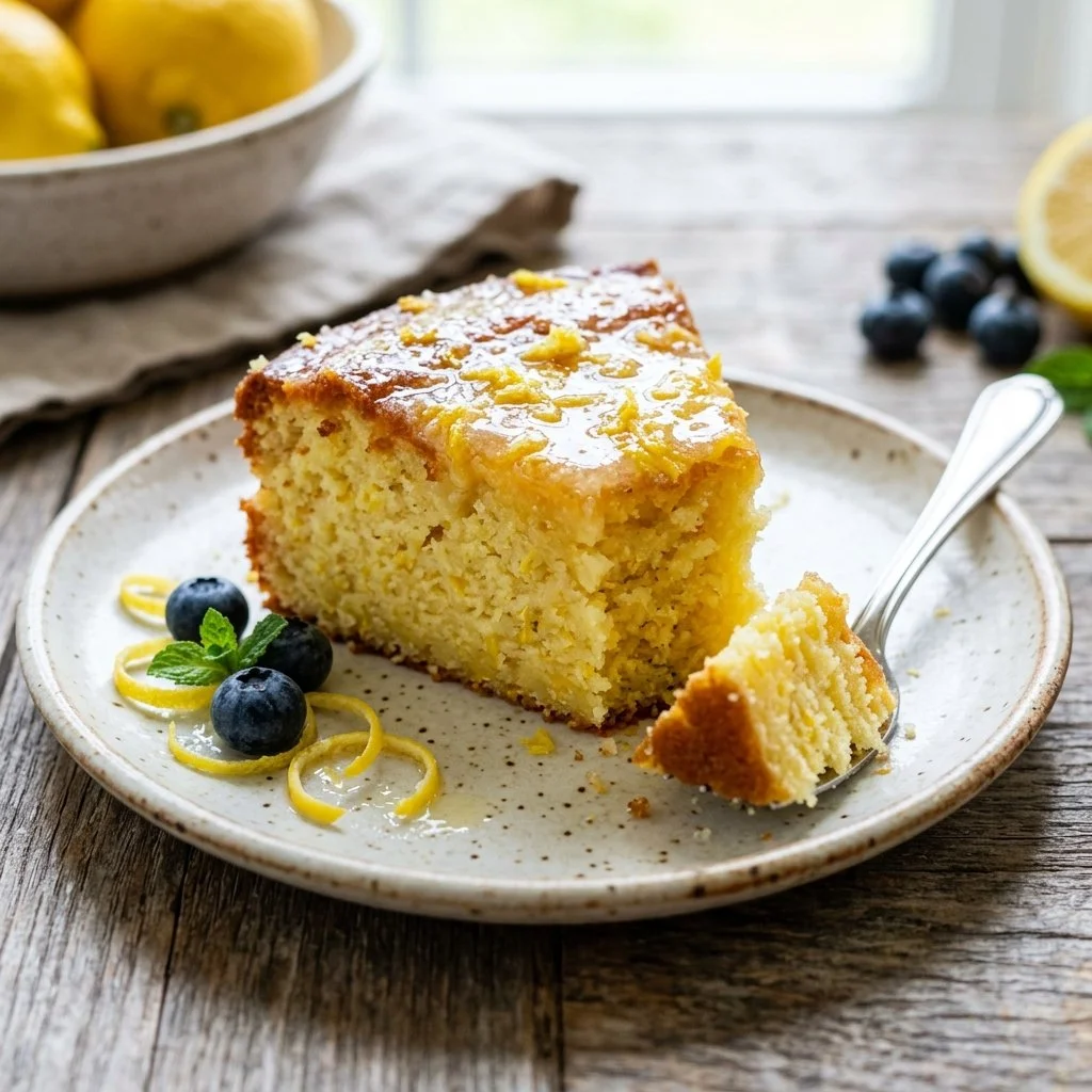 Delicious slice of Lemon Ricotta Cake topped with lemon zest and powdered sugar