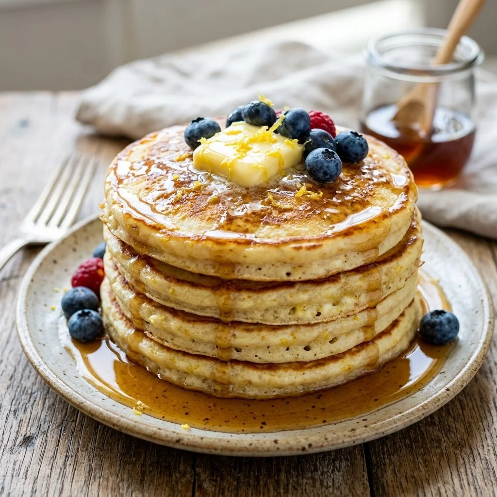 Delicious Lemon Ricotta Pancakes topped with fresh fruit and syrup